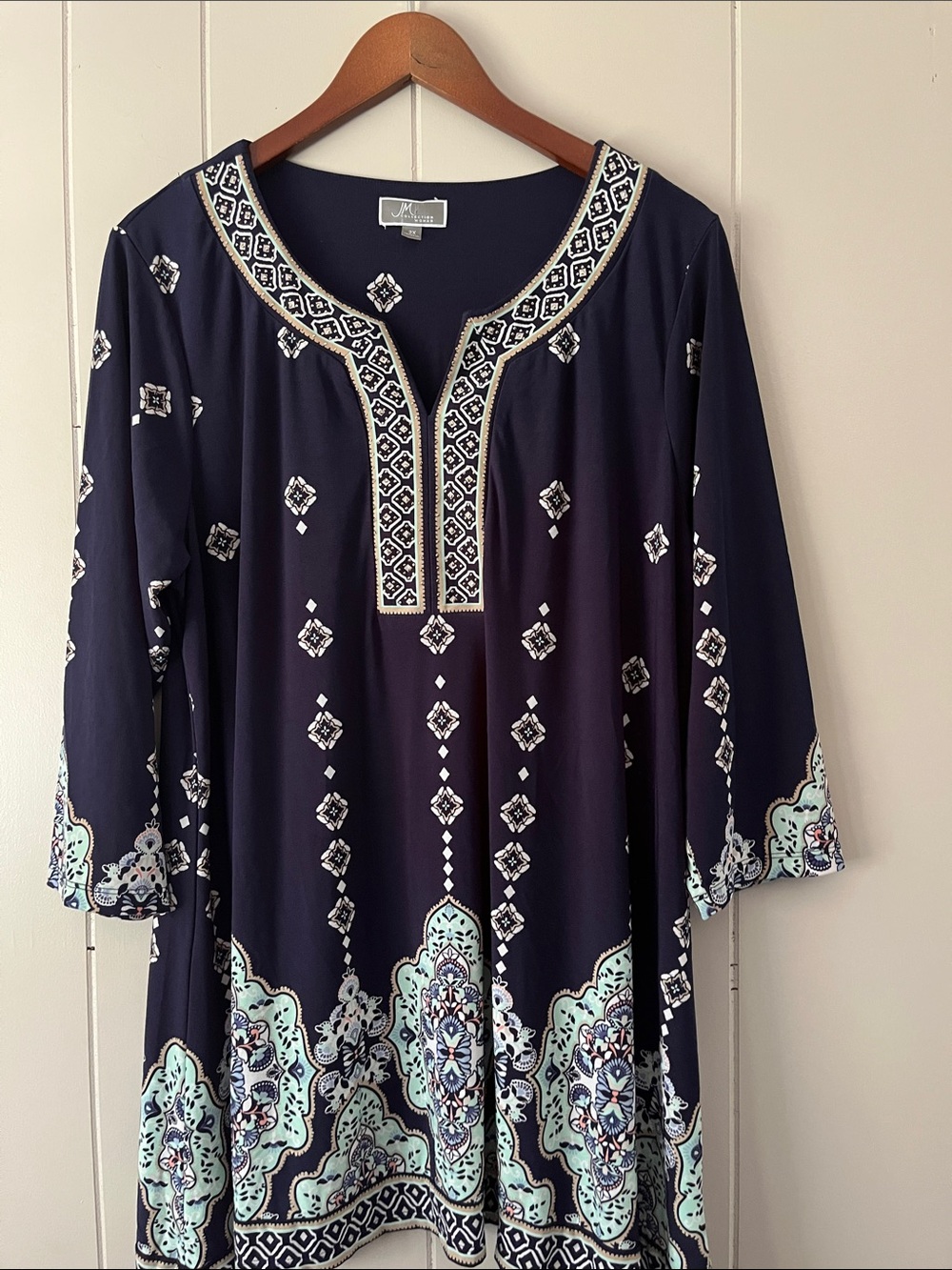 JM Collection Navy Tunic with Mint and White Embroidery